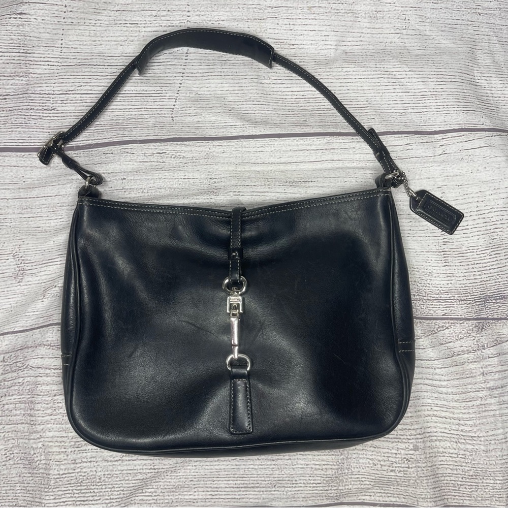 Coach Vintage Black Leather Hampton Clip Hobo Shoulder Bag Handbag Purse 7751